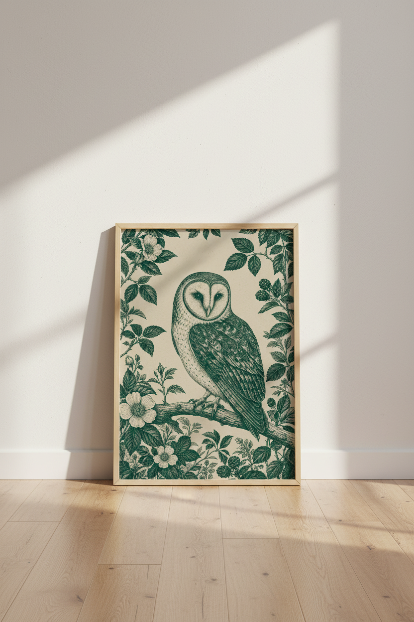 Barn Owl Etching | Vintage Green Botanical Illustration, Dark Academia Wall Art