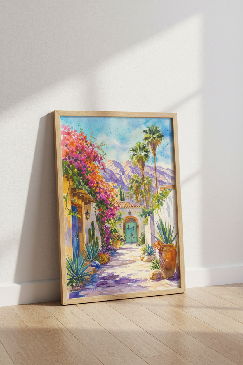 Palm Springs Landscape Watercolor Print | Desert Oasis Decor | Vibrant Boho Wall Art