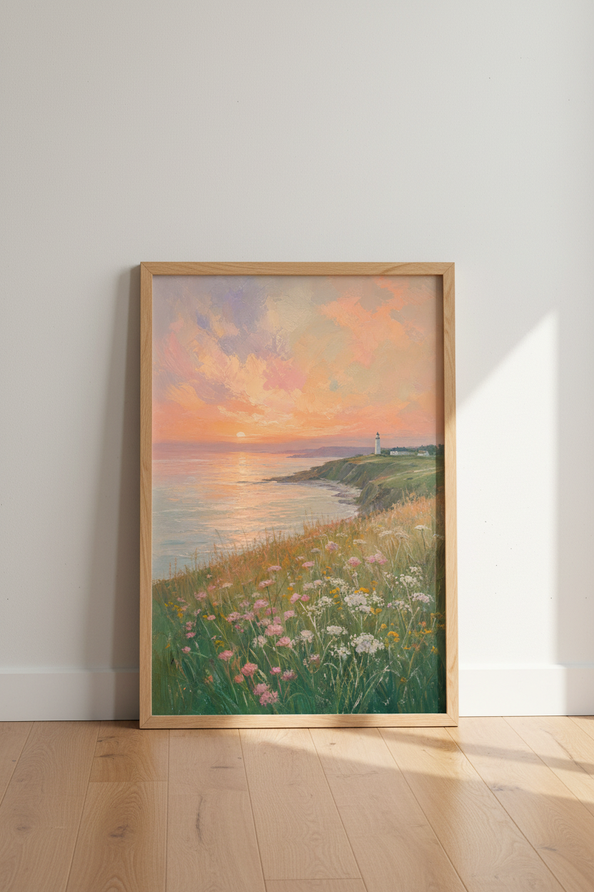 Lighthouse Sunset Painting | Coastal Wildflower Art, Impressionist Beach Decor