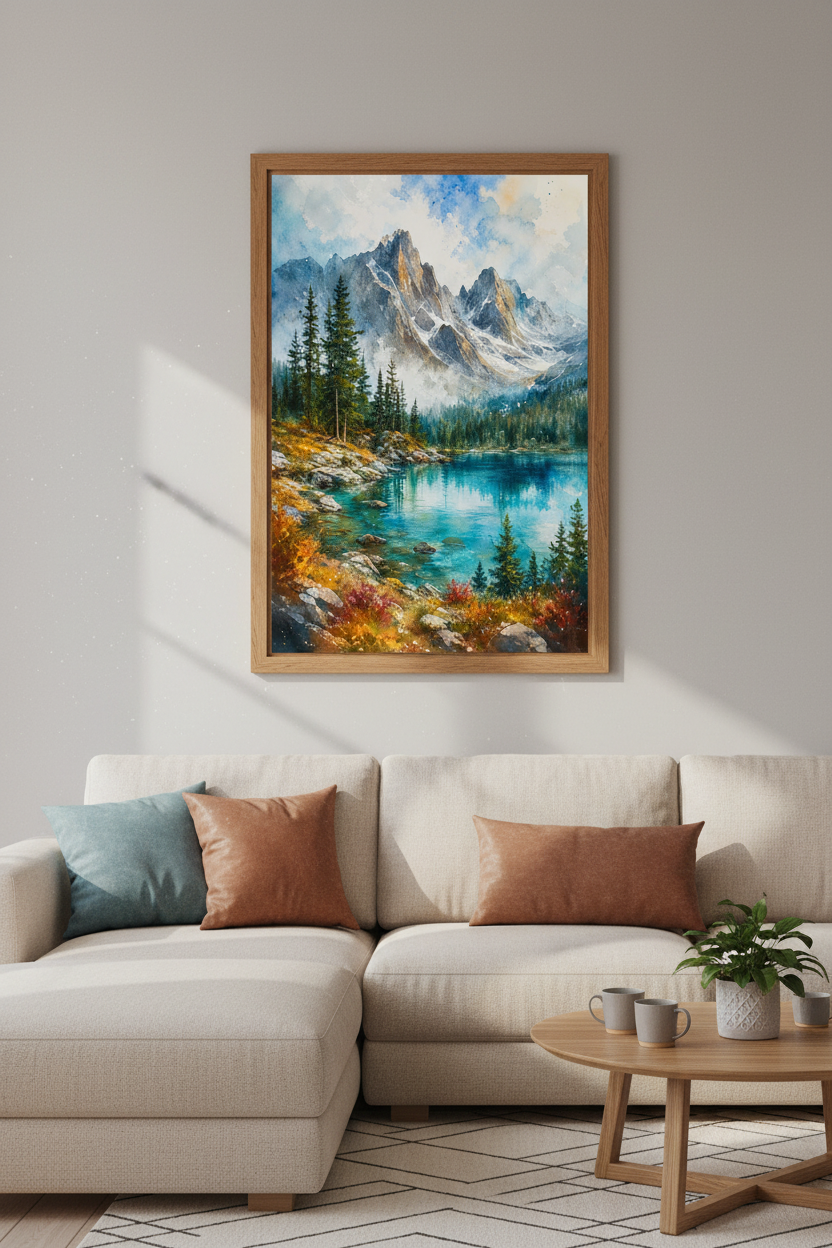 Watercolor Mountain Landscape Wall Art | Alpine Lake Decor | Nature Poster