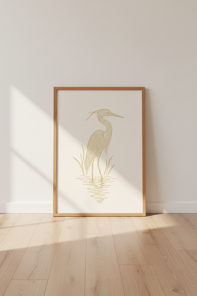 Minimalist Heron Wall Art | Gold Line Crane Drawing, Coastal Living Room Decor Posterk