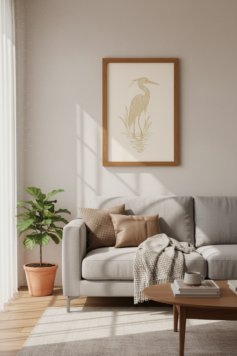 Minimalist Heron Wall Art | Gold Line Crane Drawing, Coastal Living Room Decor Posterk