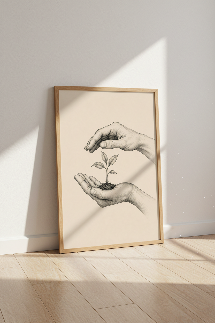 Hands Nurturing Plant Sketch Wall Art | Botanical Home Decor | Minimalist Poster