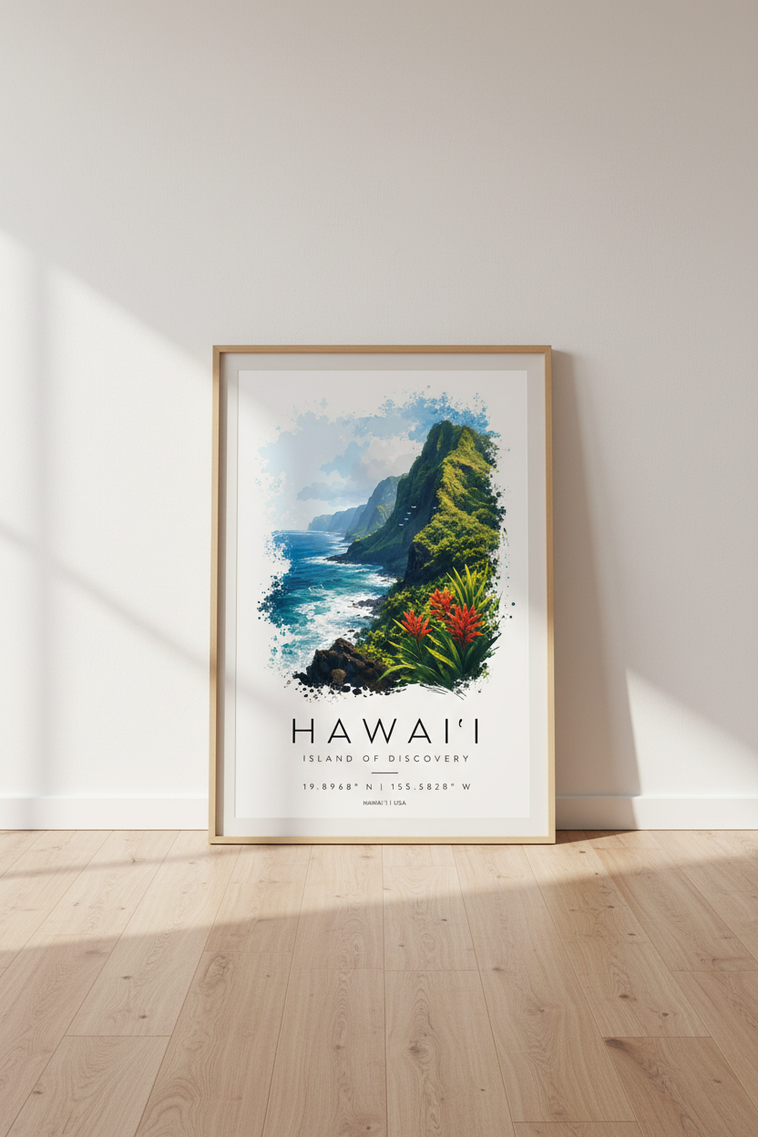Hawaii Island of Discovery Wall Art | Tropical Ocean Travel Poster, Coastal Living Decor
