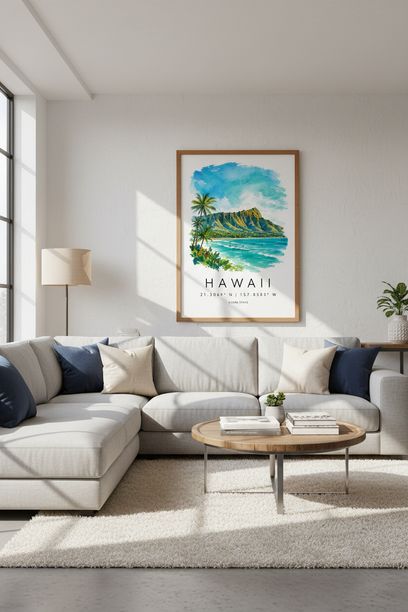 Hawaii Diamond Head Wall Art Print | Coastal Travel Poster | Tropical Watercolor Decor