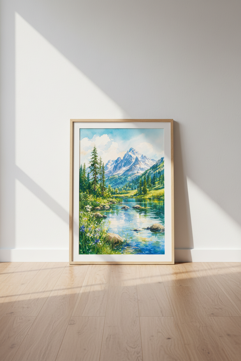Mountain Landscape Watercolor Wall Art | Nature Lake Decor | Blue Green Poster