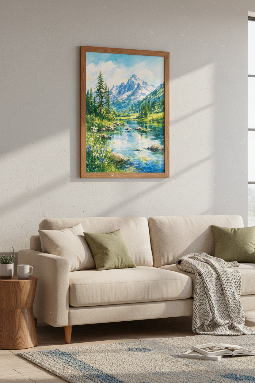 Mountain Landscape Watercolor Wall Art | Nature Lake Decor | Blue Green Poster