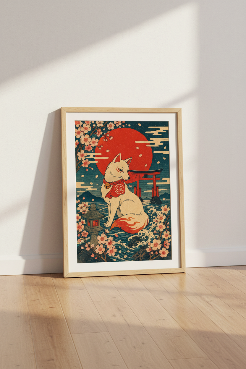 Kitsune Japanese Fox Wall Art | Red Sun Ukiyo-e Poster, Asian Mythology Decor