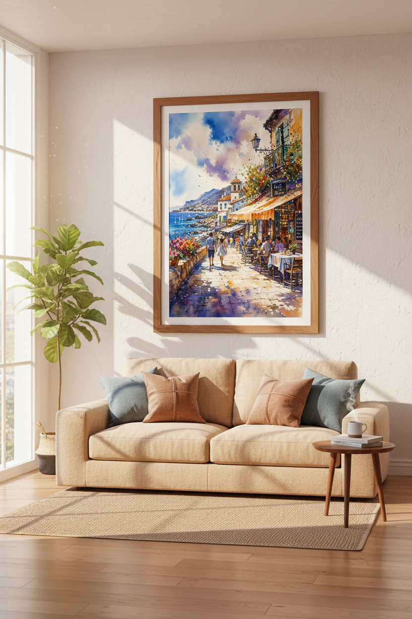 Italian Coast Watercolor Wall Art | Amalfi Seaside Cafe Decor | Mediterranean Poster