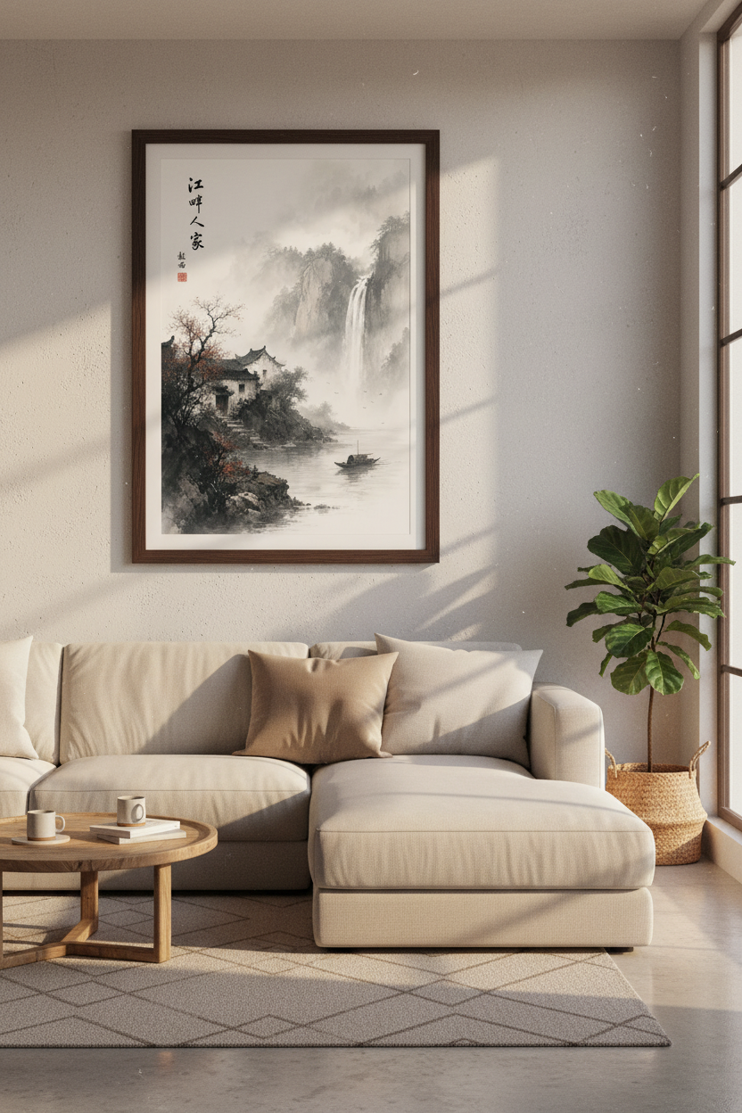 Asian Landscape Ink Painting | Zen Waterfall Art, Japandi Living Room Decor
