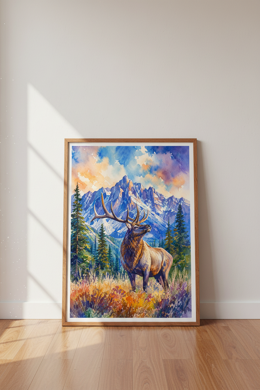 Watercolor Elk Mountain Wall Art | Rustic Nature Decor | Wildlife Poster