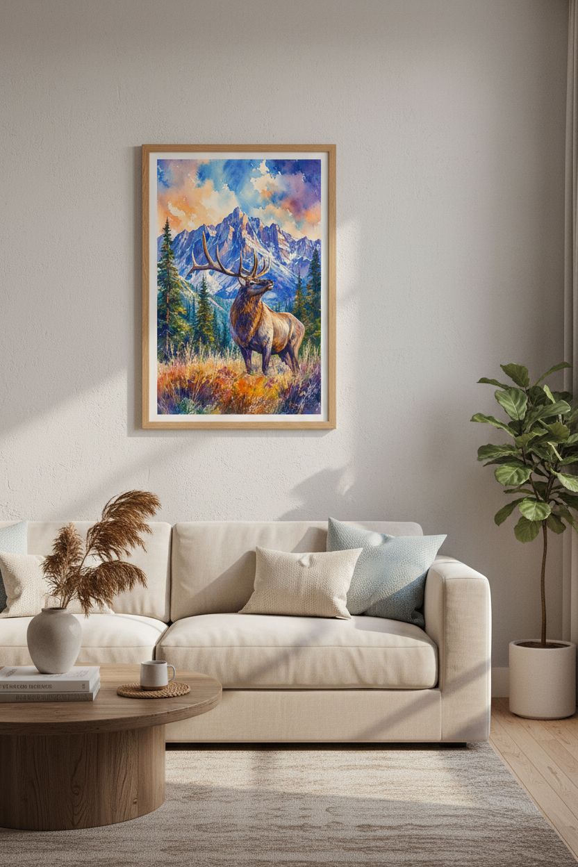 Watercolor Elk Mountain Wall Art | Rustic Nature Decor | Wildlife Poster