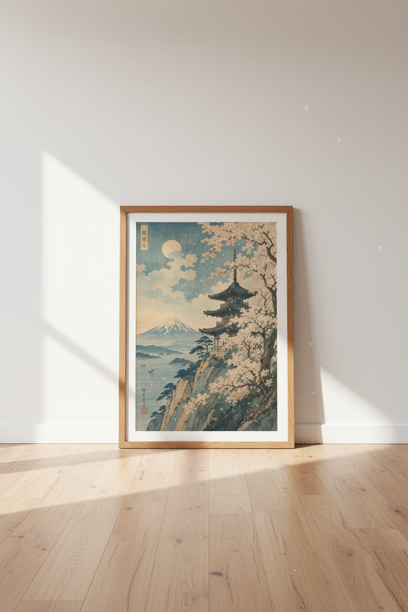 Japanese Pagoda & Mt Fuji Wall Art | Blue Sakura Landscape | Ukiyo-e Poster