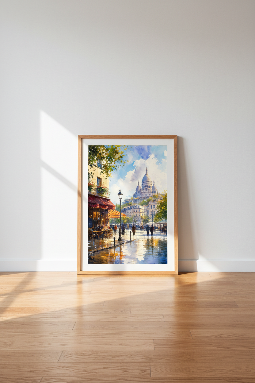 Paris Watercolor Street Scene | Sacre Coeur Cafe Wall Art, Living Room Decor