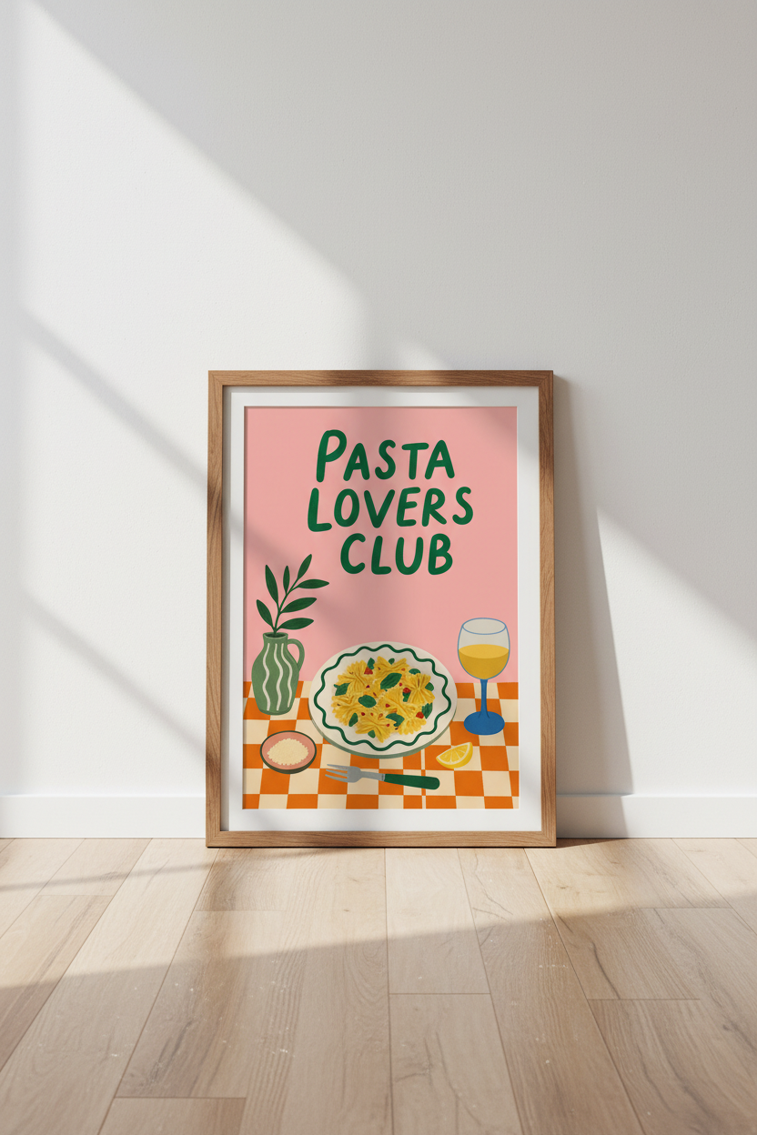 Pasta Lovers Club Wall Art | Retro Pink & Green Kitchen Decor | Foodie Poster