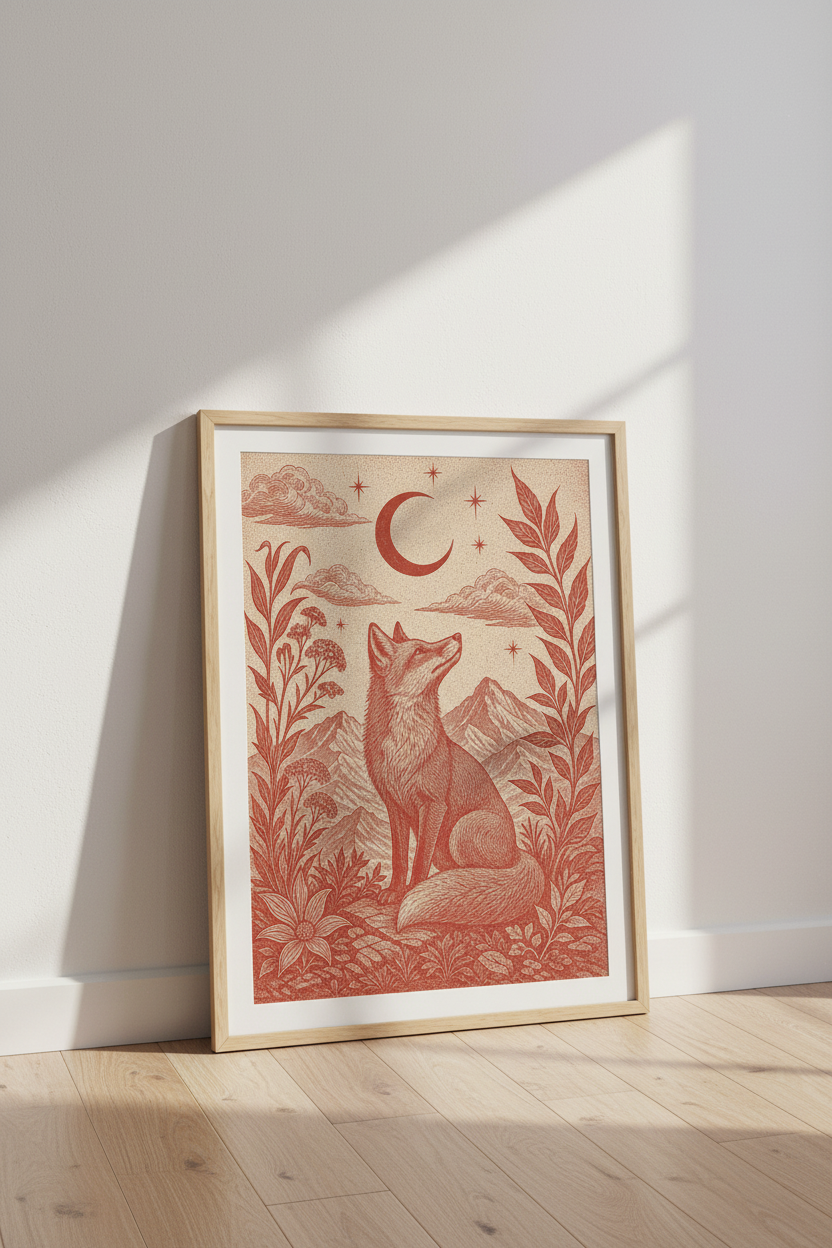 Celestial Fox Moon Wall Art | Terracotta Woodland Decor | Rustic Nature Poster