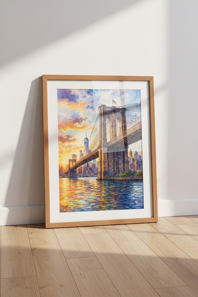 Brooklyn Bridge | Sunset Watercolor NYC Skyline, Living Room Office Decor