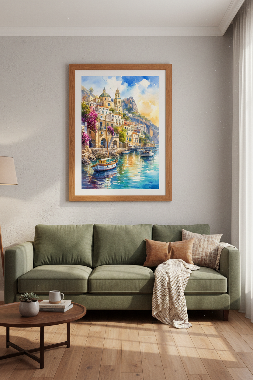 Amalfi Coast Watercolor | Italy Seascape Print, Mediterranean Coastal Wall Decor