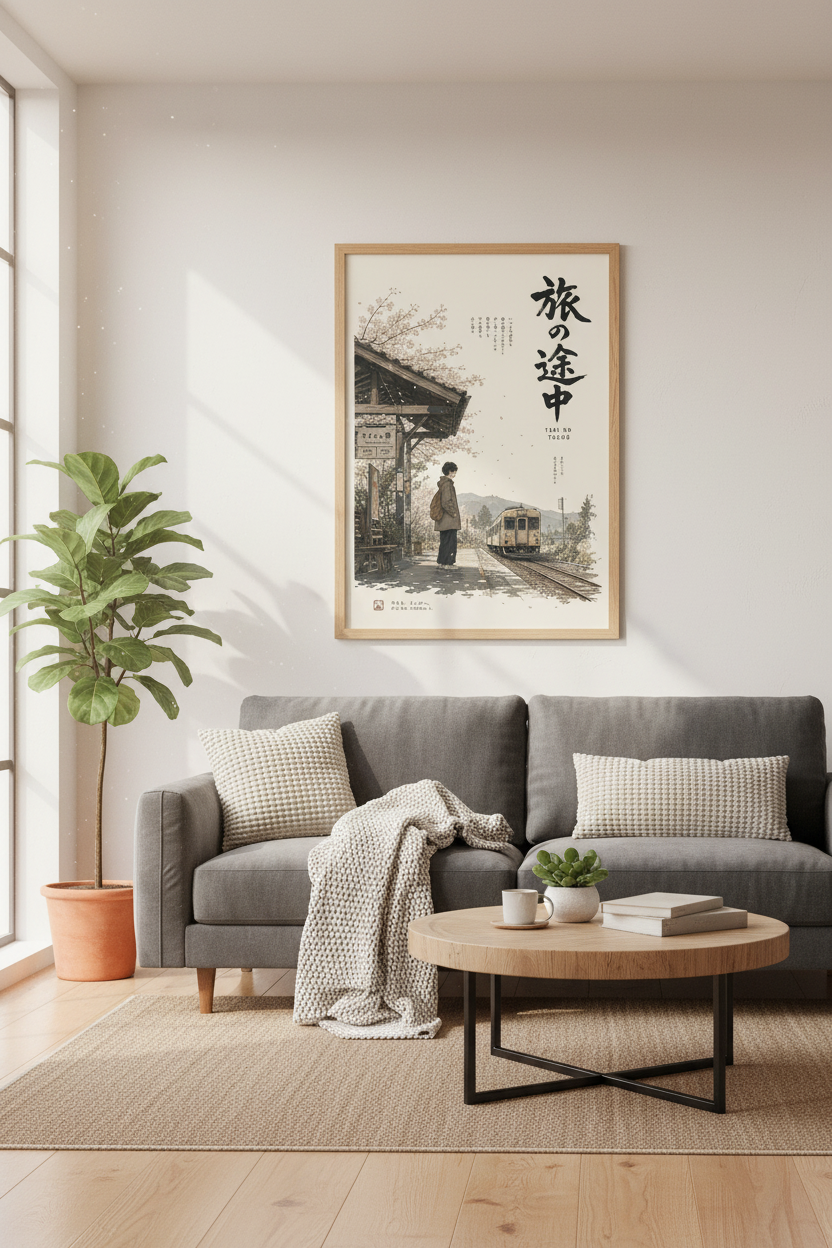 Japanese Anime Train Station Art | Lofi Cherry Blossom Poster, Minimalist Decor