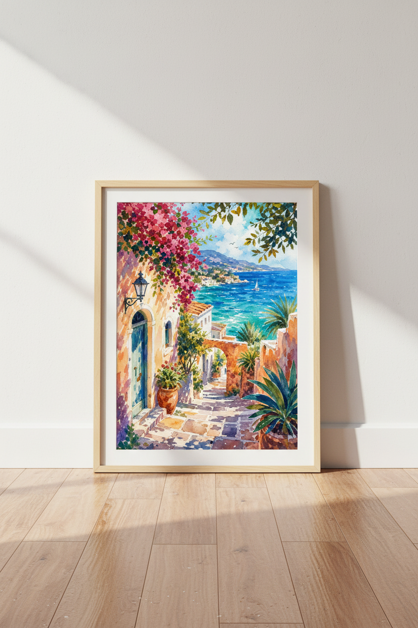 Coastal Mediterranean Village Wall Art Print | Seaside Watercolor | Boho Summer Decor