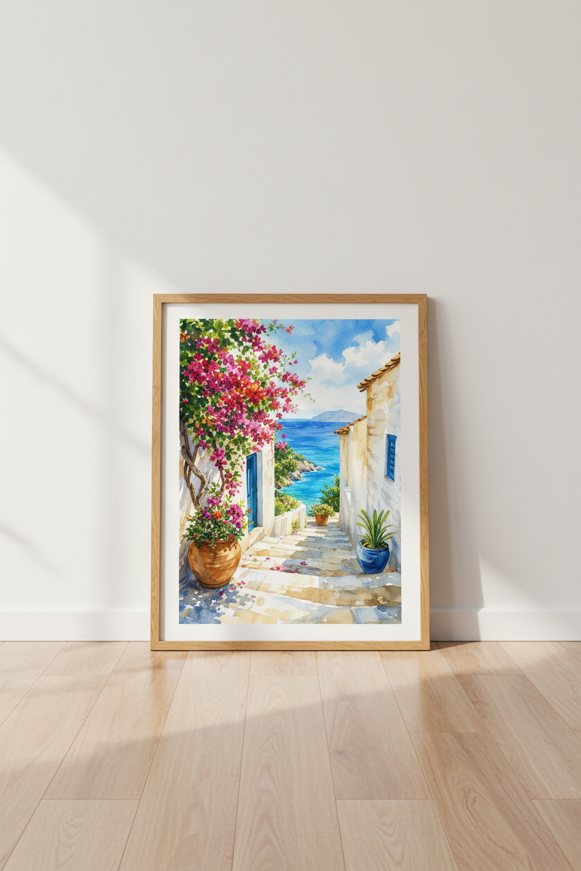 Mediterranean Coastal Village Art | Watercolor Blue & Pink, Greek Home Decor