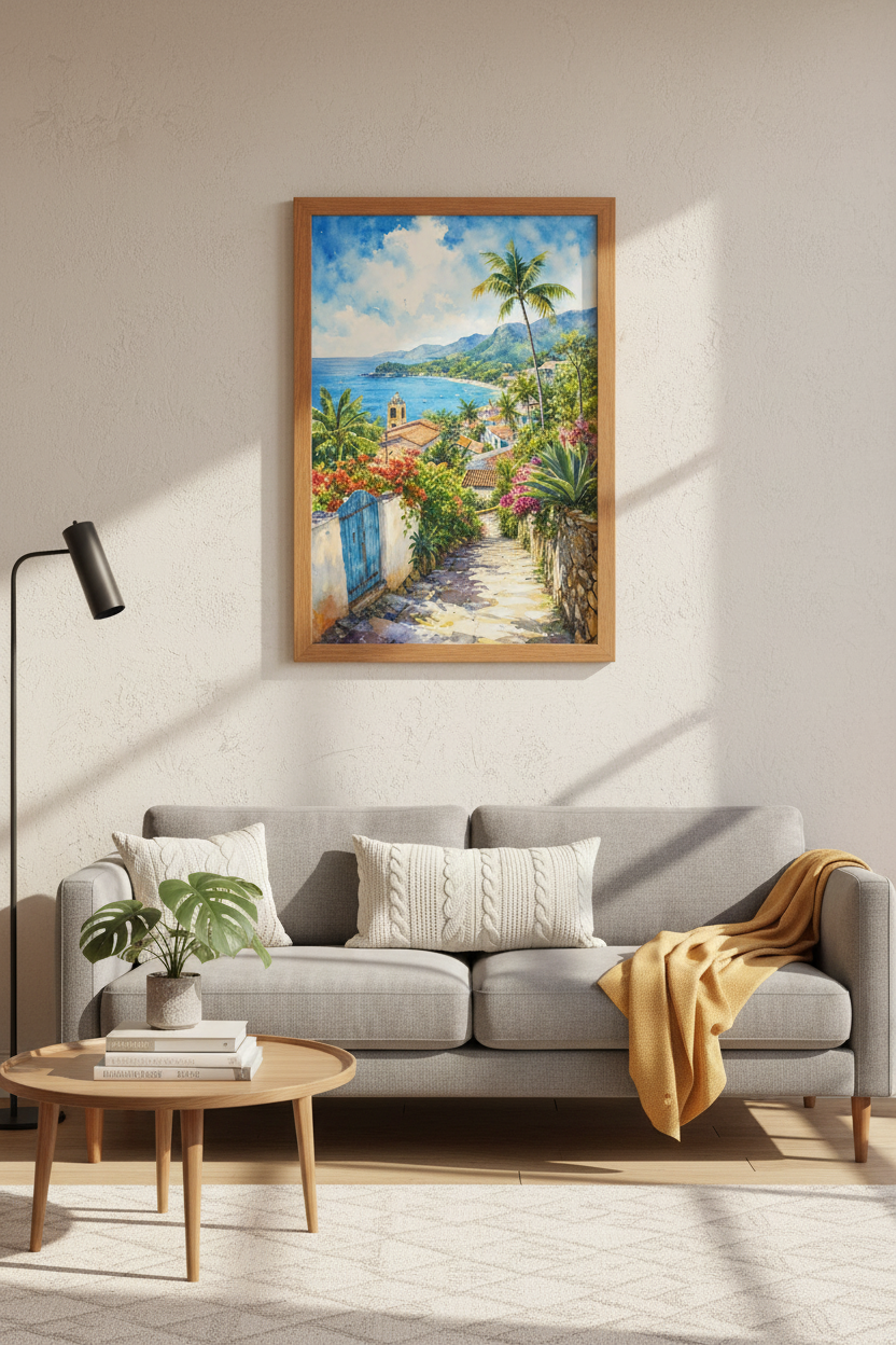 Mediterranean Coastal Path Watercolor | Tropical Seascape Print, Beach House Decor