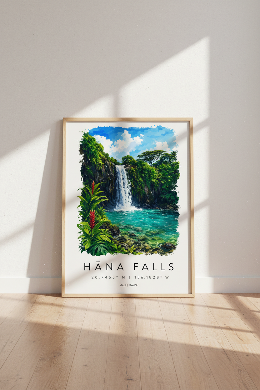 Hana Falls Maui Travel Poster | Tropical Waterfall Wall Art | Hawaii Landscape Print