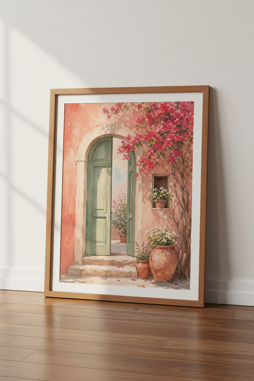 Mediterranean Doorway Wall Art | Pink Bougainvillea Print | Coastal Summer Poster