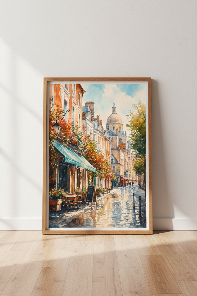 European Street Watercolor Art | French Cafe Poster, Living Room Decor