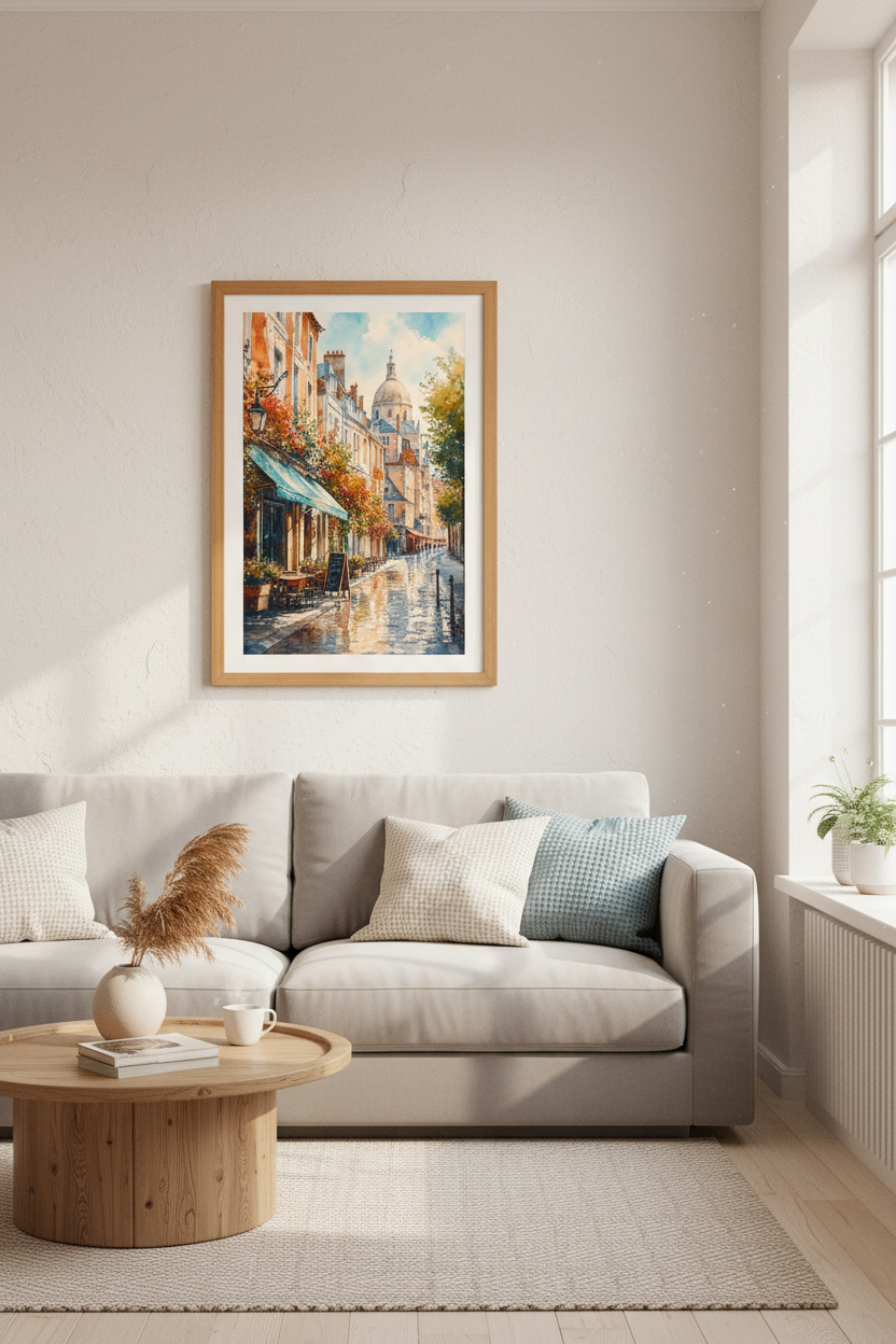 European Street Watercolor Art | French Cafe Poster, Living Room Decor