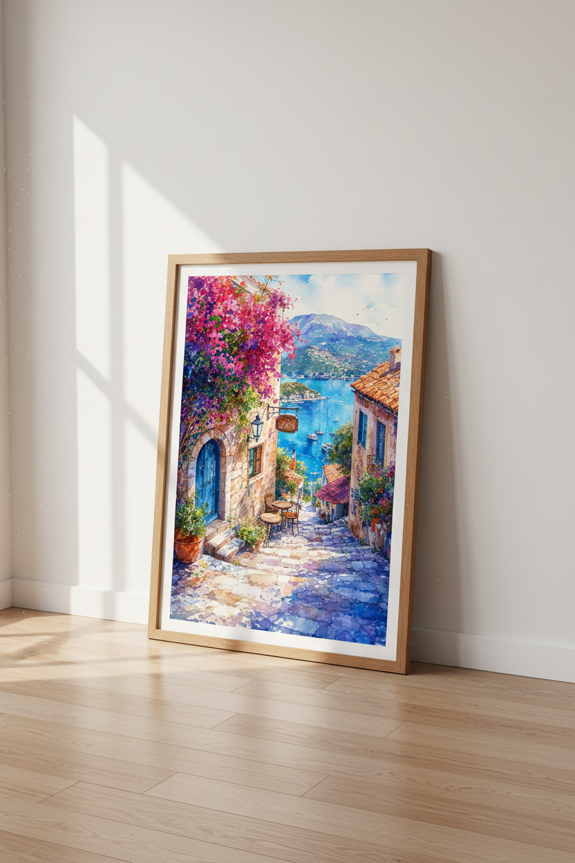 Mediterranean Coastal Village Art | Watercolor Seaside Decor | Greek Summer Poster