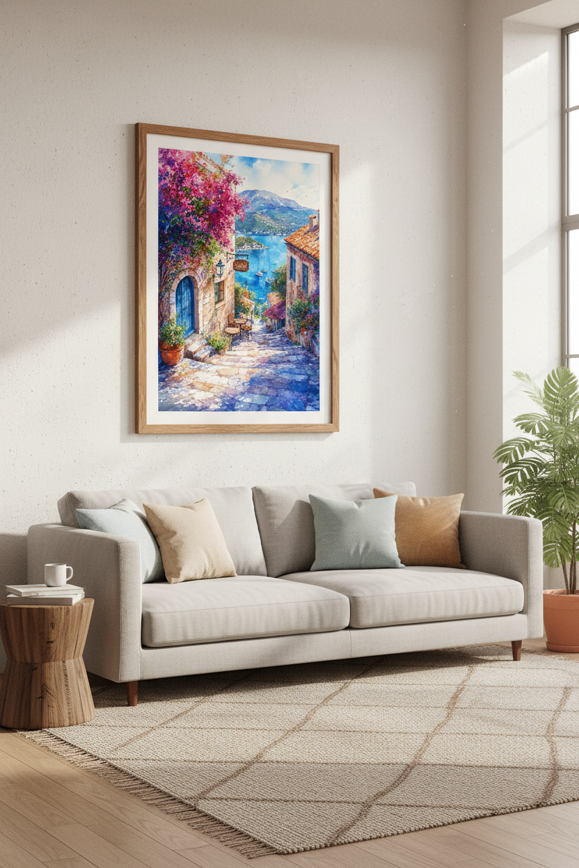 Mediterranean Coastal Village Art | Watercolor Seaside Decor | Greek Summer Poster