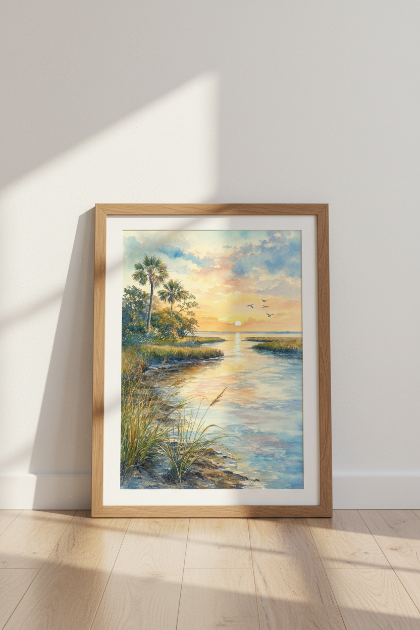 Tropical Coastal Sunset Watercolor | Beach House Decor | Serene Palm Tree Poster