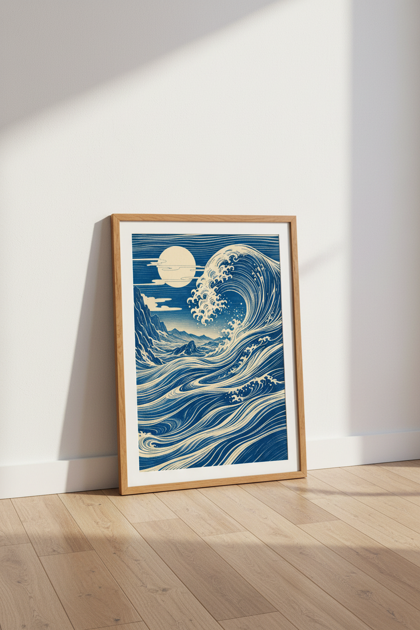 Japanese Wave Wall Art | Indigo Blue Ukiyo-e Poster, Zen Home Decor Art