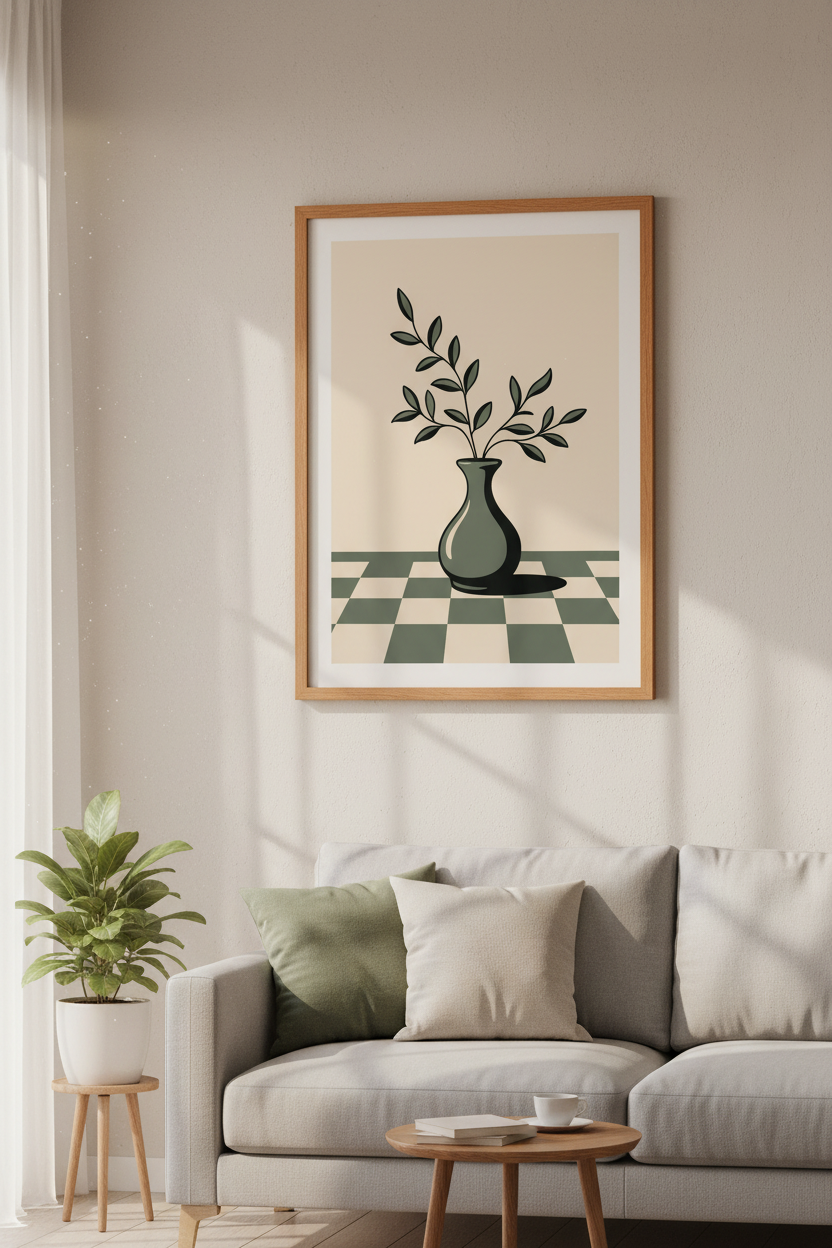 Sage Green Botanical Vase Print | Minimalist Checkered Art, Modern Living Room Poster
