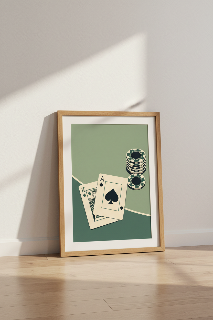Poker Cards Canvas Wall Art | Sage Green Retro Casino Decor, Game Room Poster