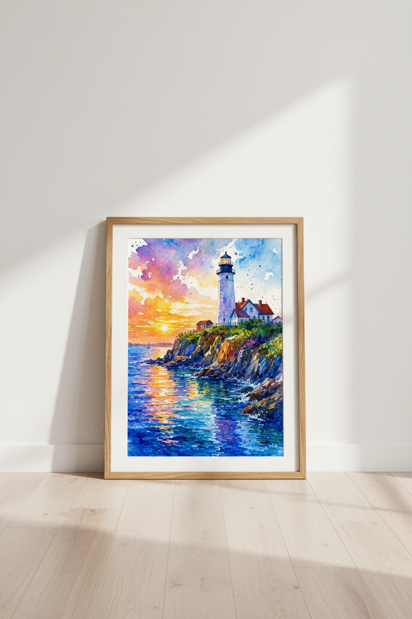 Lighthouse Landscape Watercolor Print | Sunset Coastal Decor | Nautical Wall Art