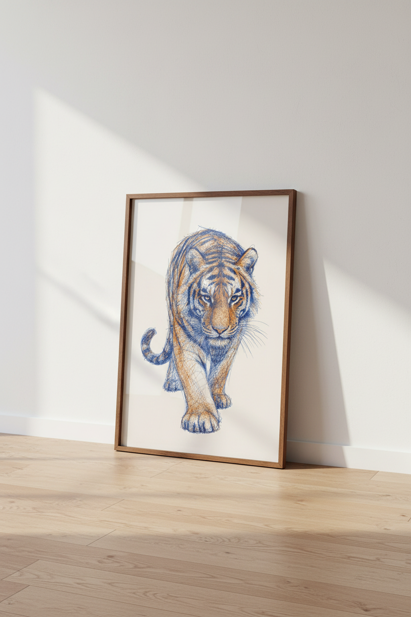Tiger Scribble Wall Art Print | Navy & Orange Wildlife Sketch | Modern Room Decor