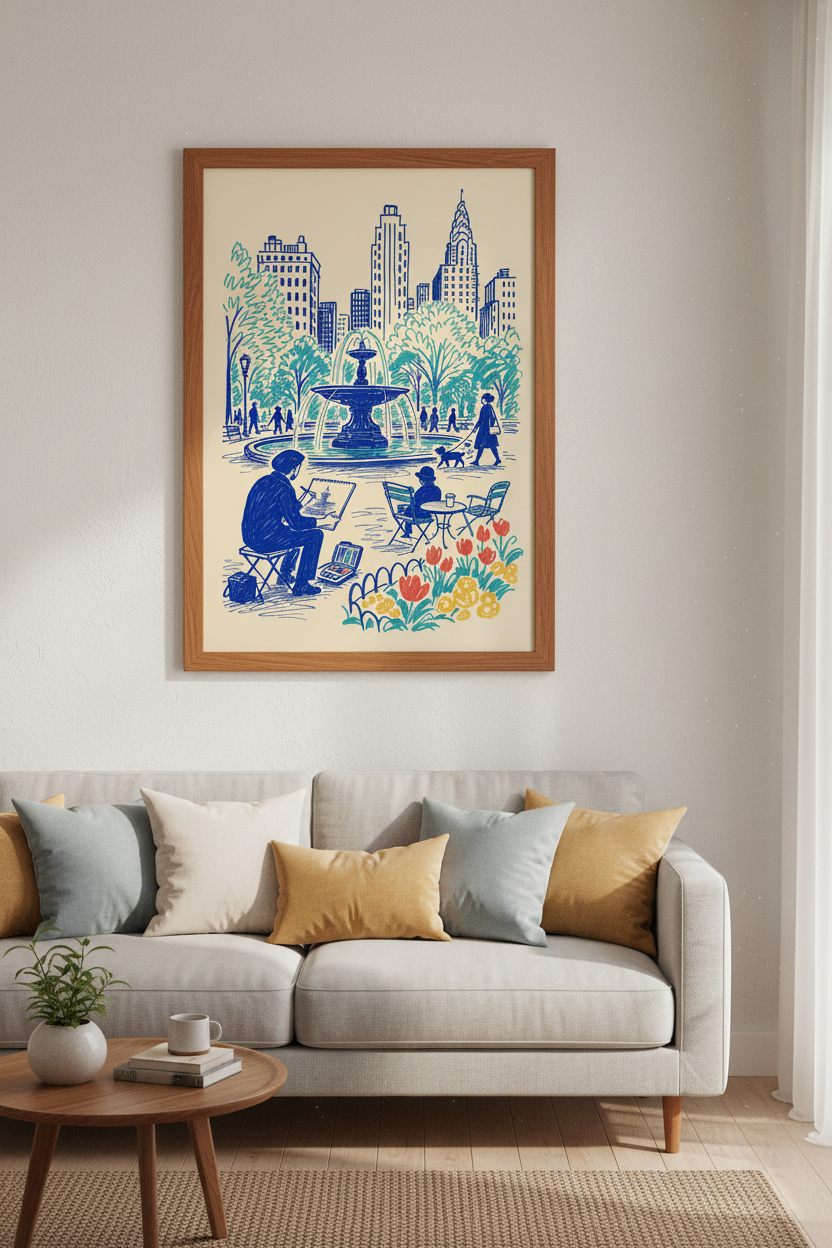 NYC Cityscape Sketch Wall Art | Bryant Park Illustration | Blue Modern Poster