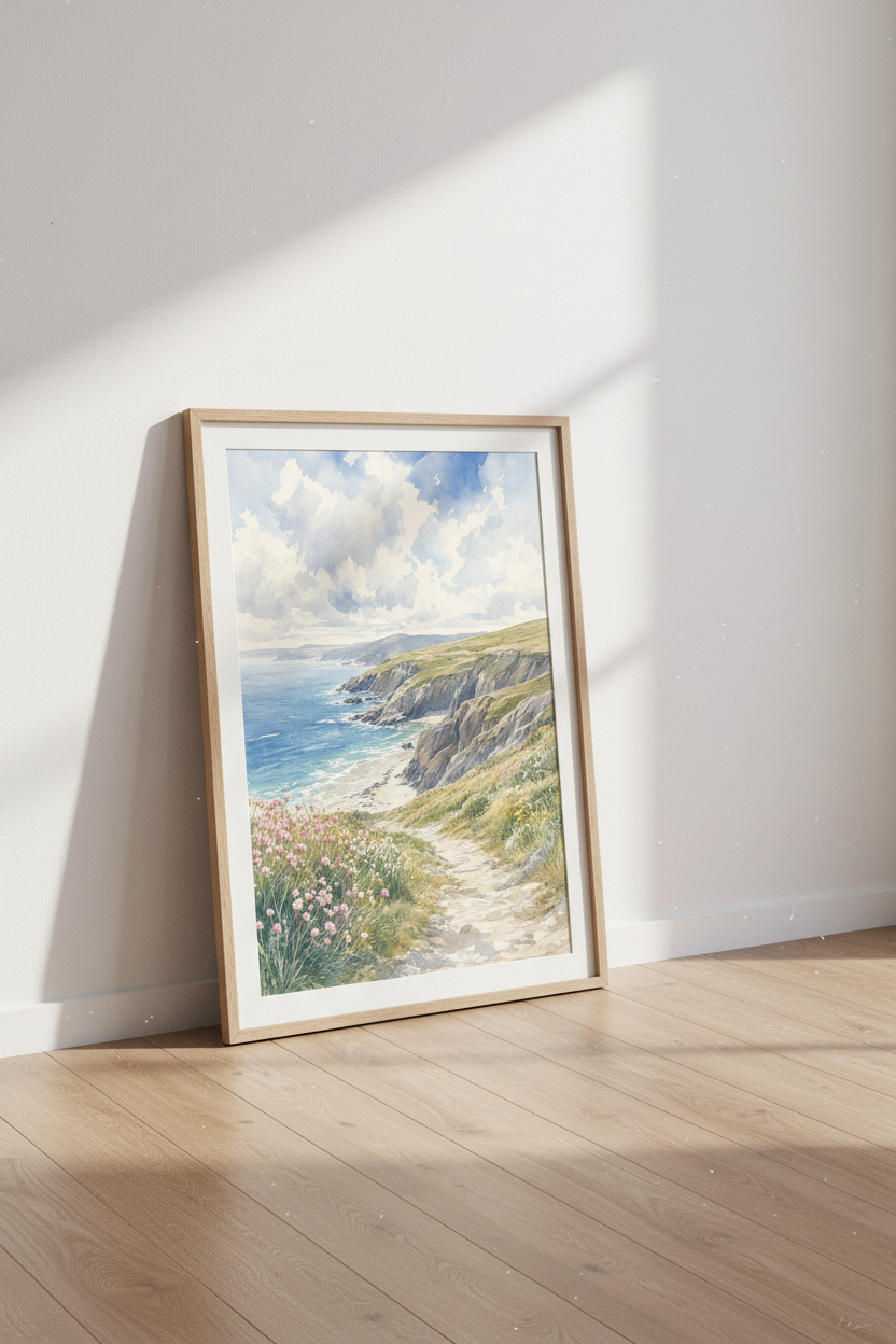 Coastal Cliff Watercolor Landscape | Blue Ocean Nature Print, Living Room Wall Art
