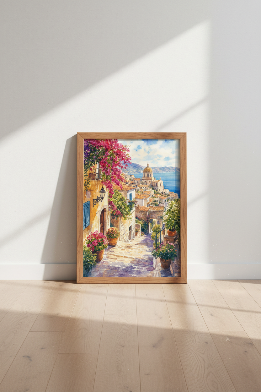 Mediterranean Coastal Village Art | Italy Watercolor Print, Amalfi Coast Decor