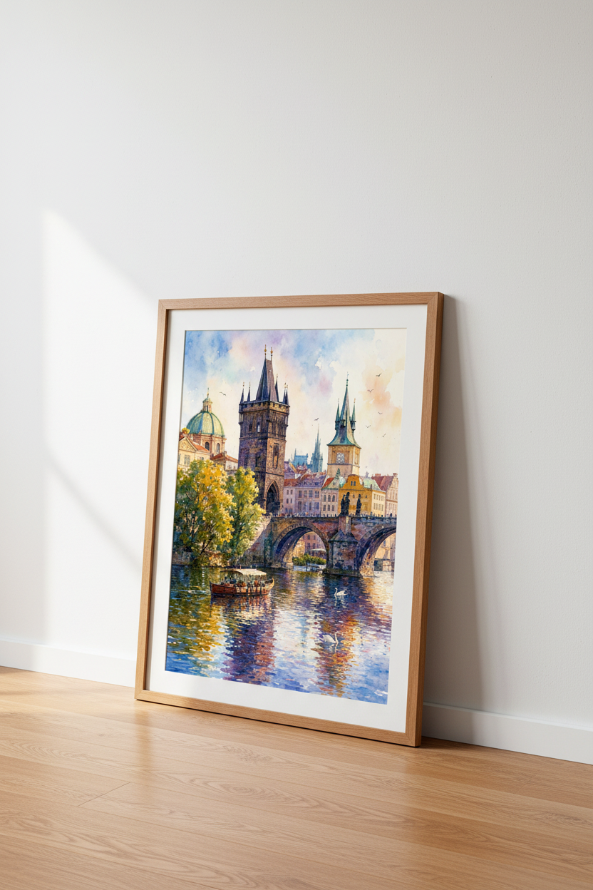 Prague Charles Bridge Wall Art | Watercolor Cityscape, European Travel Decor