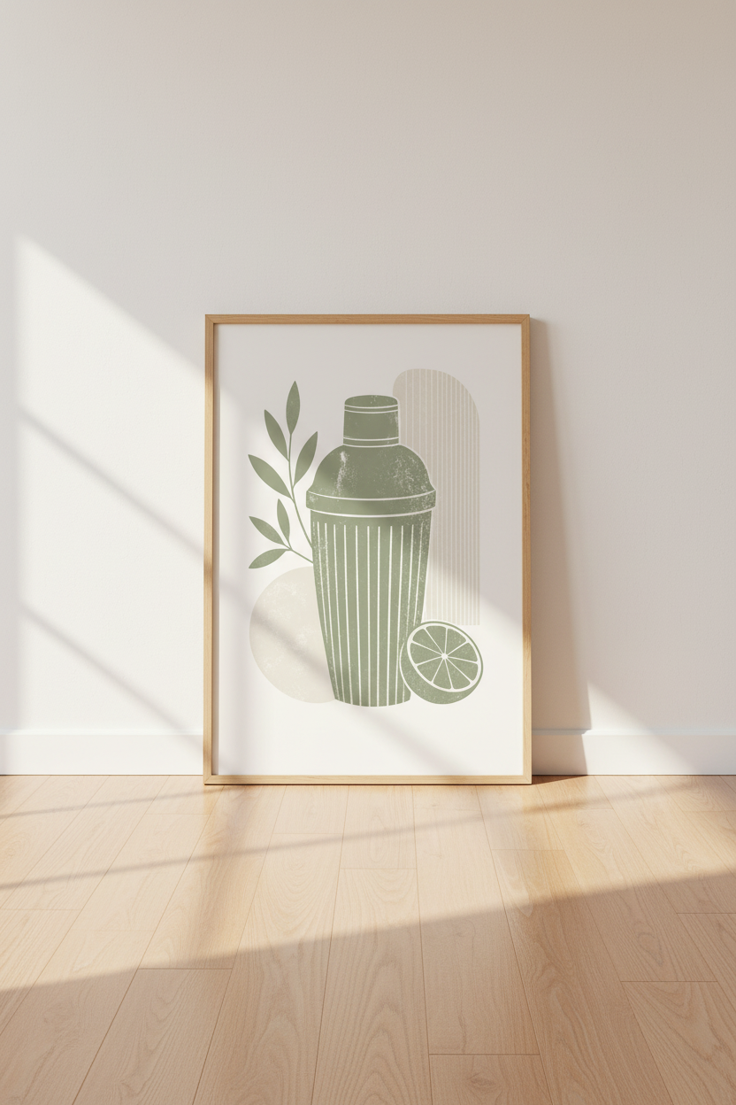 Cocktail Shaker Art Print | Sage Green Kitchen Decor | Minimalist Poster