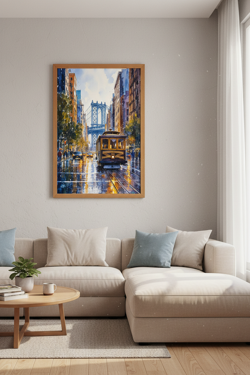Watercolor Cityscape Trolley Art | Blue & Gold Urban Poster, Office Decor