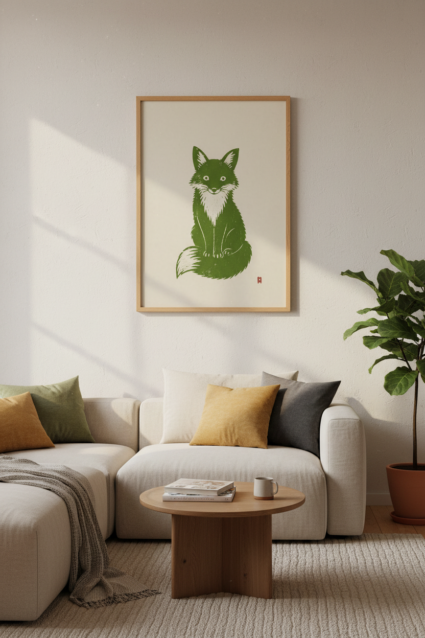 Fox Linocut Poster | Forest Green Wildlife Art Print, Woodland Nursery Decor