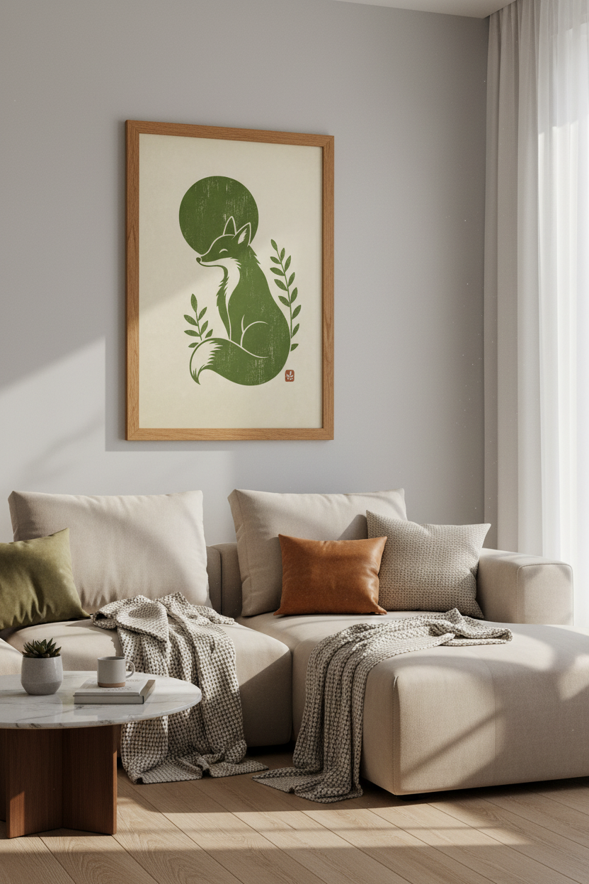 Fox Linocut Wall Art Print | Forest Green Nursery Decor | Minimalist Poster