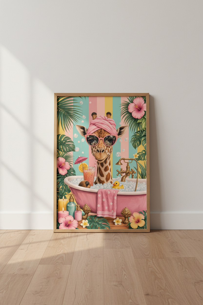 Giraffe in Bathtub Wall Art | Tropical Bathroom Decor | Maximalist Poster