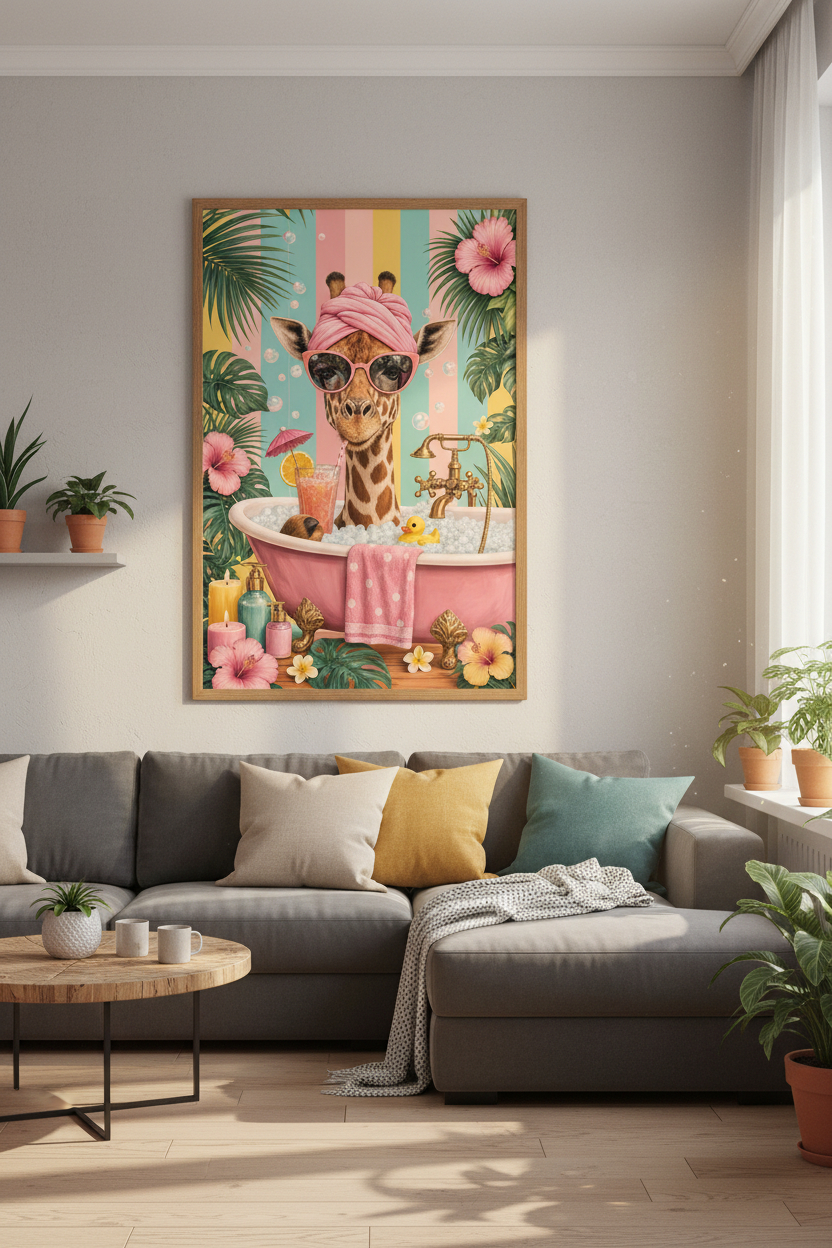 Giraffe in Bathtub Wall Art | Tropical Bathroom Decor | Maximalist Poster
