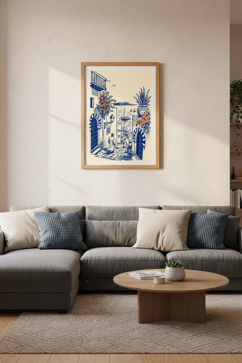 Mediterranean Coast Print | Blue & Orange Village Art, Entryway Decor Poster