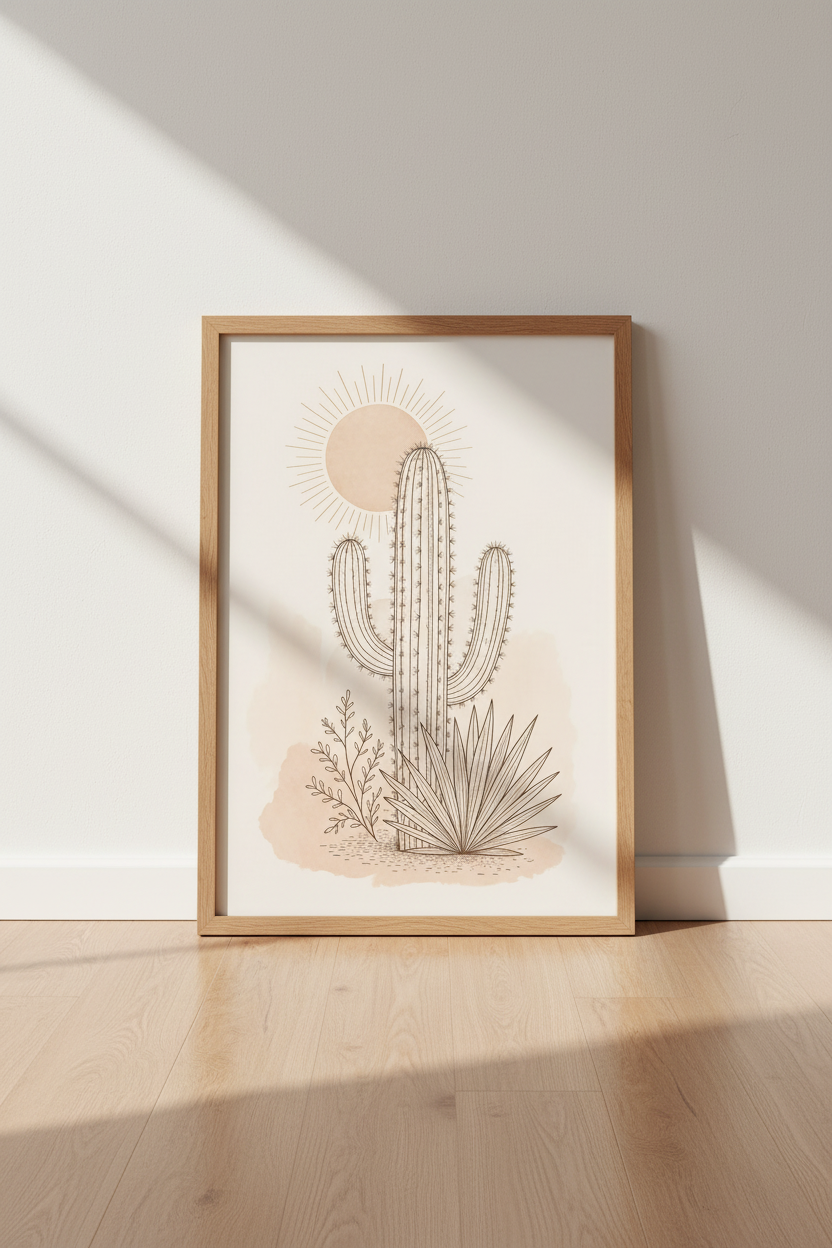 Boho Saguaro Cactus Wall Art Print | Desert Neutral Decor | Terracotta Poster